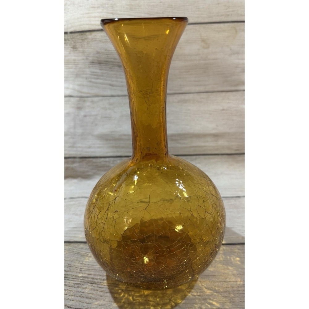 Vintage MCM Amber Crackle Glass Ball Round Vase Decanter Retro 8.5"